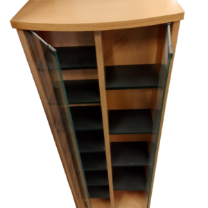 a wooden cabinet with glass doors