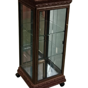 a glass cabinet on wheels